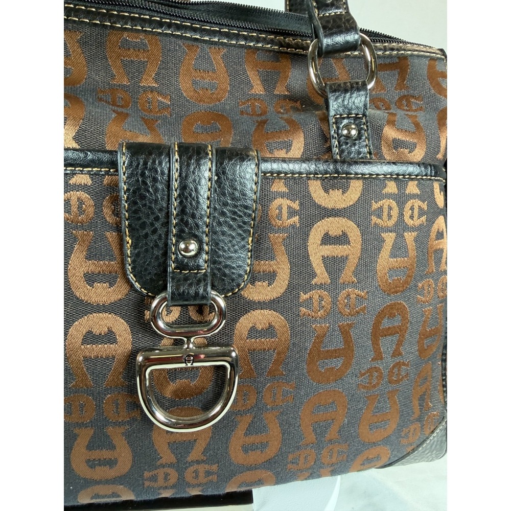 Etienne Aigner Brown Monogram Canvas Tote Leather Trim Shoulder Bag Medium